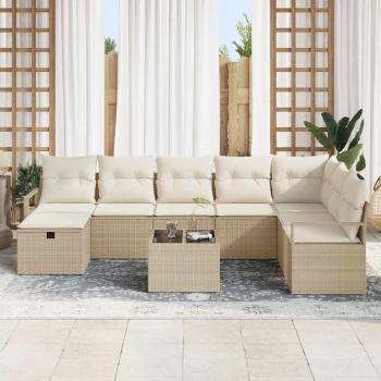 9-teiliges Garten Sofa Set mit Kissen Beige Poly Rattan