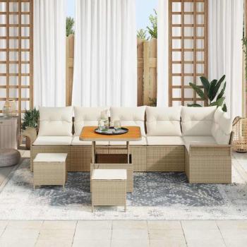 9-teiliges Garten-Sofa-Set mit Kissen Beige Poly-Rattan Akazie