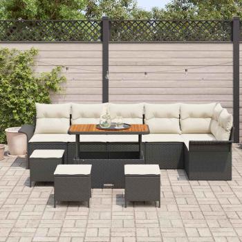 10-teiliges Garten Sofa Set mit Kissen Schwarz Poly Rattan Akazie