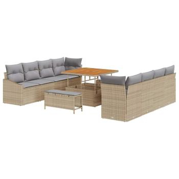 11-tlg. Garten-Sofagarnitur mit Kissen Beige Poly Rattan Akazie