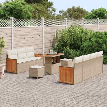 10-teiliges Garten-Sofa-Set mit Kissen Beige Poly Rattan Akazie