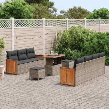 10-teiliges Garten-Sofa-Set mit Kissen in Grau aus Poly-Rattan und Akazienholz