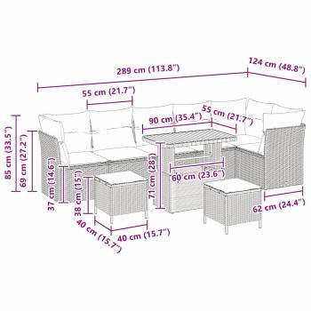 9-teiliges Garten Sofa Set mit Kissen Grau Poly Rattan Akazie