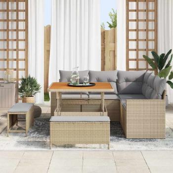 8-teiliges Garten-Sofa-Set mit Kissen Beige Poly Rattan Akazie
