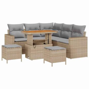 8-teiliges Garten Sofa Set mit Kissen Beige Poly Rattan Akazie