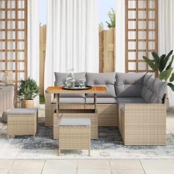 8-teiliges Garten Sofa Set mit Kissen Beige Poly Rattan Akazie