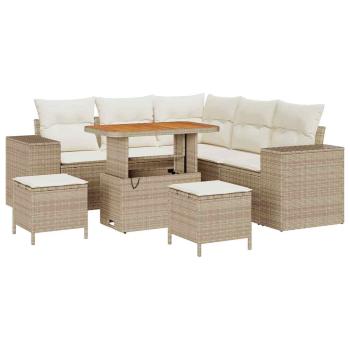 8-teiliges Garten Sofa Set mit Kissen Beige Poly Rattan Akazie