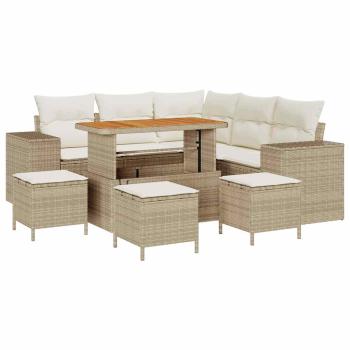 9-teiliges Garten Sofaset mit Kissen Beige Poly Rattan Akazie