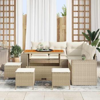 9-teiliges Garten Sofaset mit Kissen Beige Poly Rattan Akazie
