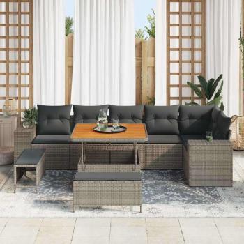 9-tlg. Garten-Sofagarnitur mit Kissen Grau Poly Rattan Akazie
