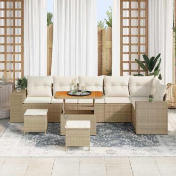 9-tlg. Garten-Sofagarnitur mit Kissen Beige Poly Rattan Akazie
