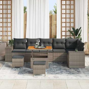9-tlg. Garten-Sofagarnitur mit Kissen Grau Poly Rattan Akazie