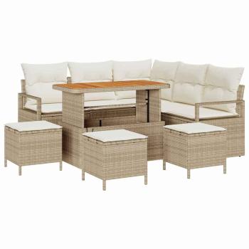 9-teilige Garten Sofa Set mit Kissen Beige Poly Rattan Akazie