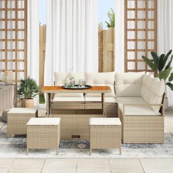 9-teilige Garten Sofa Set mit Kissen Beige Poly Rattan Akazie