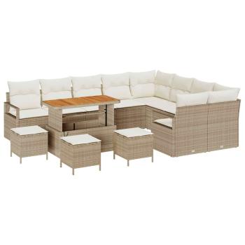 13-tlg. Garten-Sofagarnitur mit Kissen Beige Poly Rattan Akazie