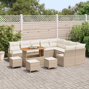 13-tlg. Garten-Sofagarnitur mit Kissen Beige Poly Rattan Akazie
