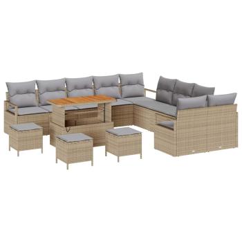 14-teiliges Gartensofa-Set mit Kissen Beige Poly-Rattan Akazie