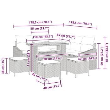 9-tlg. Garten-Sofagarnitur mit Kissen Grau Poly Rattan Akazie