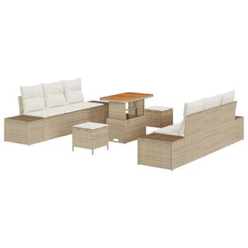 9-tlg. Garten-Sofagarnitur mit Kissen Beige Poly Rattan Akazie