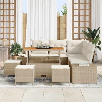 9-teilige Garten-Sofagarnitur mit Kissen Beige Poly-Rattan Akazie