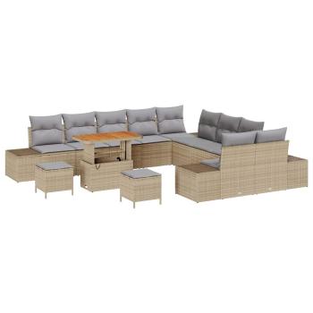 13-tlg. Garten-Sofagarnitur mit Kissen Beige Poly Rattan Akazie