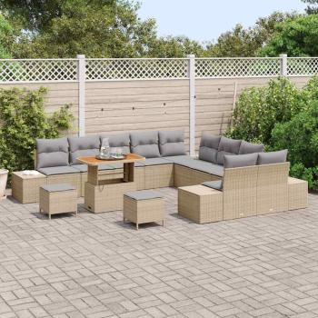 13-tlg. Garten-Sofagarnitur mit Kissen Beige Poly Rattan Akazie