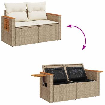 9-teiliges Garten Sofa Set mit Kissen Beige Poly Rattan Akazie