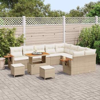 12-teiliges Garten Sofa Set mit Kissen Beige Poly Rattan Akazie