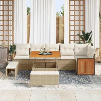 9-teiliges Garten Sofa Set mit Kissen Beige Poly Rattan Akazie