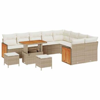 12-teiliges Garten Sofa Set mit Kissen Beige Poly Rattan Akazie