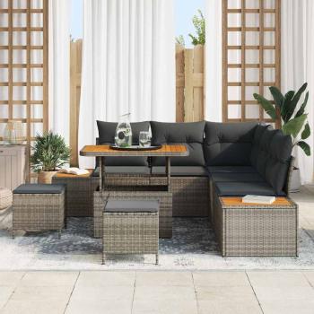 8-teiliges Garten Sofa Set mit Kissen Grau Poly Rattan Akazie