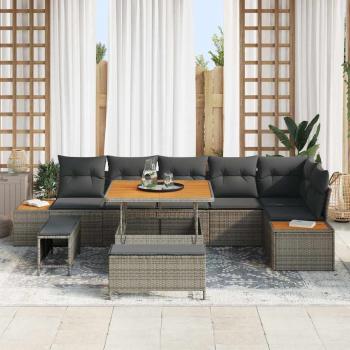 9-teiliges Garten-Sofa-Set mit Kissen Grau Poly Rattan Akazie