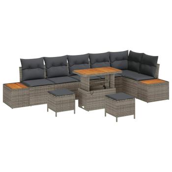 ARDEBO.de - 9-teiliges Garten-Sofa-Set mit Kissen aus grauem Poly-Rattan Akazie