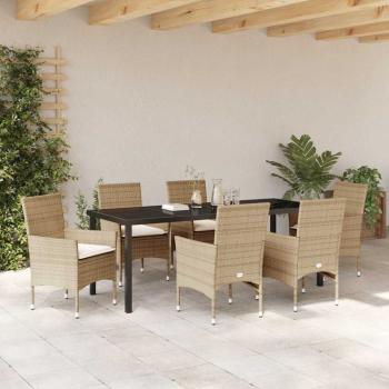 7-teiliges Garten Essset mit Kissen Beige Poly Rattan