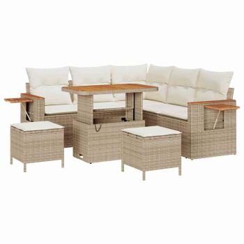 8-teiliges Garten Sofa Set mit Kissen Beige Poly Rattan Akazie