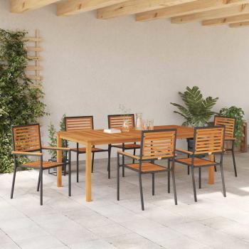7-teiliges Garten-Esszimmer Set Schwarz Polyrattan Akazie