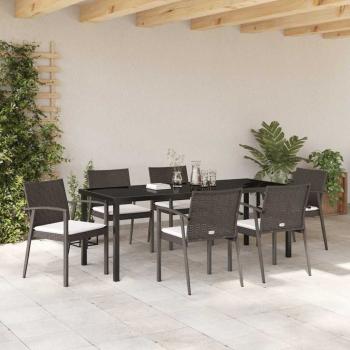 7-teiliges Garten-Esstischset mit Kissen Braun Poly-Rattan