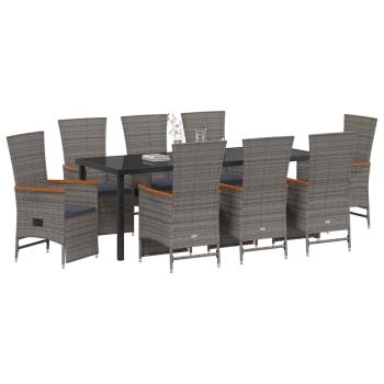 9-teiliges Garten-Dining-Set mit Kissen Grau Poly-Rattan