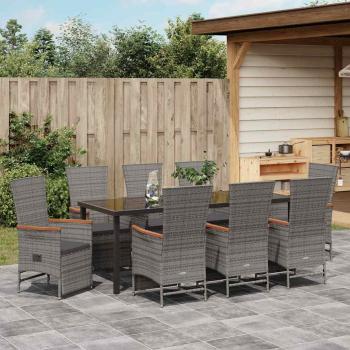 9-teiliges Garten-Dining-Set mit Kissen Grau Poly-Rattan