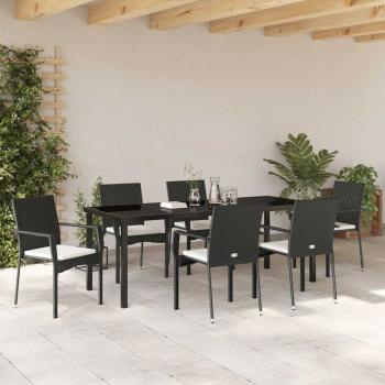 7-teiliges Garten-Essset mit Kissen Schwarz Poly Rattan