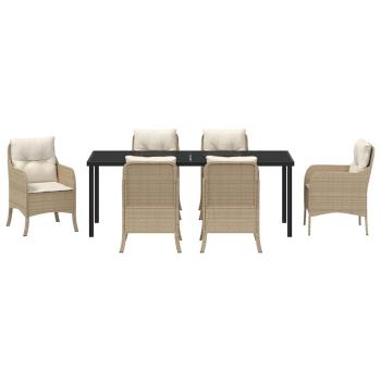 7-teiliges Garten-Ess-Set mit Polstern in Beige aus Poly-Rattan