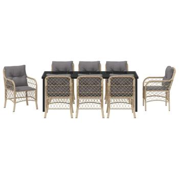 9-teiliges Garten-Esstischset mit Kissen Beige Poly Rattan
