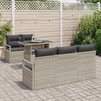 6-teiliges Garten-Sofa-Set mit Kissen Hellgrau Poly-Rattan