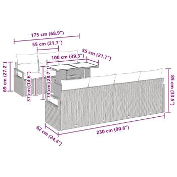 8-teiliges Gartensofa Set mit Kissen Hellgrau Poly Rattan