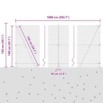 Kettengitterzaun mit 7 geflanschten Pfosten 1,4x10 m verzinkter Stahl