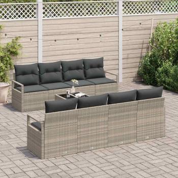 9-teiliges Garten Sofa Set mit Kissen Hellgrau Poly Rattan