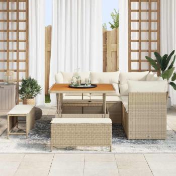 8-teilige Garten Sofagarnitur mit Kissen Beige Poly Rattan Akazie