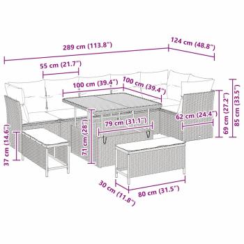 9-teiliges Gartensofa Set mit Kissen beige Poly Rattan Akazie