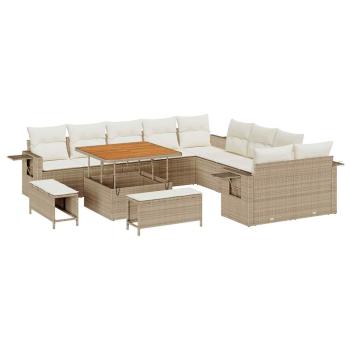 13-tlg. Garten-Sofagarnitur mit Kissen Beige Poly Rattan Akazie