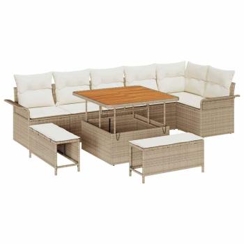 9-teiliges Garten Sofa Set mit Kissen Beige Poly Rattan Akazie